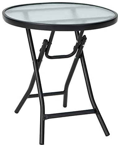 COSTWAY Sidobord, hopfällbart, litet fällbord, väderbeständigt trädgårdsbord, runt balkongbord med bordsskiva av härdat glas, för balkong, trädgård, terrass 46 x 46 x 47 cm