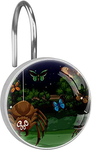 Confezione da 12 ganci per tenda da doccia con farfalle e tarantole, ragno e foresta notturna, ganci resistenti per tenda da doccia, anelli da doccia antiruggine per tenda e asta da doccia da bagno