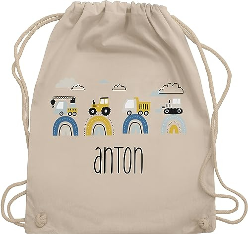 Turnbeutel Rucksack - Baustelle I Traktor I Bagger I Kran I Kipper I LKW I Planierraupe - Unisize - Naturweiß - rucksäcke kindergarten junge personalisierter stoffbeutel trecker traktoren traktor,