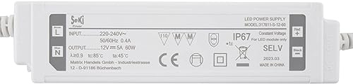 SeKi 12V DC 60W 5,0A Konstantspannungs LED Treiber; IP67 wassergeschützt Trafo, Netzteil, Transformator, Schaltnetzteil; keine Mindestlast, kein Rauschen/LED-Flimmern, MM Zulassung