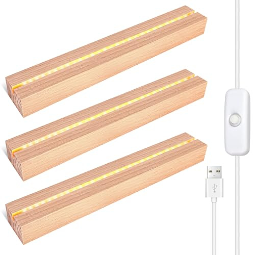 Base LED per Vetro Acrilico - 3 Pezzi con Attacco USB in Legno, Rettangolo Illuminato, Supporto per Display, Piastra in Acrilico per Cristalli