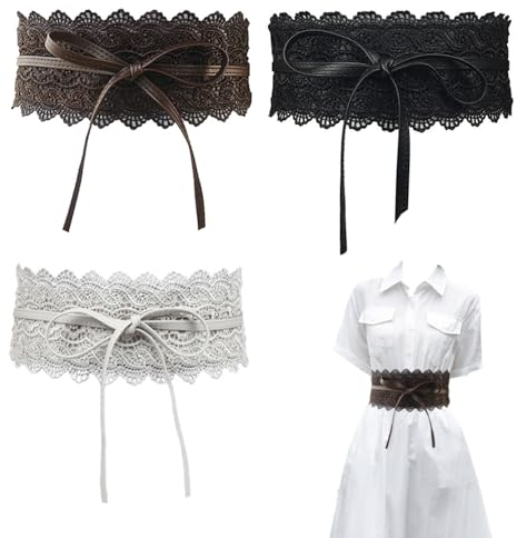 Trsnzul Taillengürtel Damen - 3 Stück Breiter Obi-Gürtel Leder mit Bindegürtel zum Schnüren - Hüftgürtel Band für Kleider