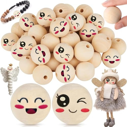 Yueser 30mm Holzperlen mit Gesicht - 30 Stück Holzkugeln für Sorgenwurm, Sorgenwürmchen, Holzköpfe, Glückswürmchen - Perlen mit Loch