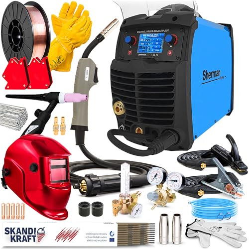 Sherman DIGIMIG 210 LCD Double Pulse - 200 A poste a souder mig avec gaz 4 en 1 - synergie totale - TIG Lift, MMA et soudobrasage - inductance, Post Flow et 2T/4T - Kit professional