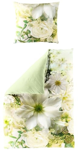 JACK by Bierbaum Mako Satin Wende Bettwäsche 135x200cm 2 TLG. Blüten Blumen Lind Gelb Creme Digitaldruck