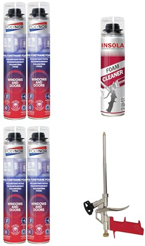 Mousse Expansive Pistolable Door & Windows pour le Montage, l'Isolation et le Calfeutrage - Lot Mousses + 1 pistolet + 1 nettoyant (4 + 1 + 1)