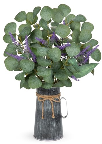 Hollyone Kunstpflanze Eukalyptus in Rustikalen Metall Vase, 45cm Zimmerpflanzen Künstliche Eukalyptus mit Lavendel Dekopflanzen für Bauernhof Haus Hochzeit Tisch Centerpiece Deko