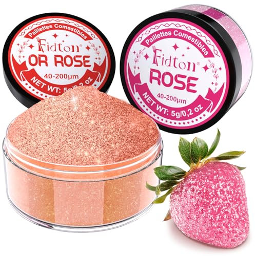 Paillettes Comestibles - Fidton Colorant Alimentaire Poudre 2 Couleurs, Decoration Gateau Comestible pour Fondant, Macaron, Paillette Alimentaire pour Cocktail, Luster Dust Or Rose et Rose - 5 g
