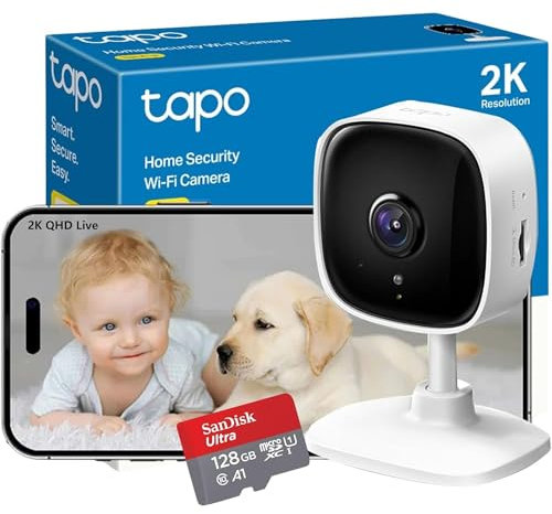 Tapo & SanDisk SD Card Bundle: Wifi Camera, Indoor Camera for Security, 2K 3MP Pet Camera, Wireless 360° for Baby Monitor, sell with 128GB SD Card