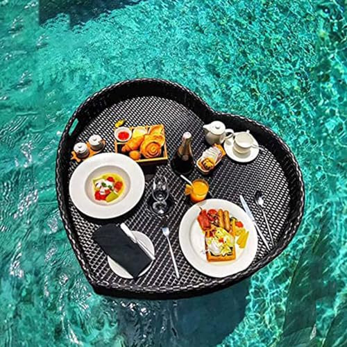 DDZJTPP Geflochtenes Tablett Aus Rattan, Schwimmendes Tablett Für Den Pool, Schwimmender Billardtisch, Schwimmender Getränkehalter Für Den Pool, Schwimmende Bar,Black