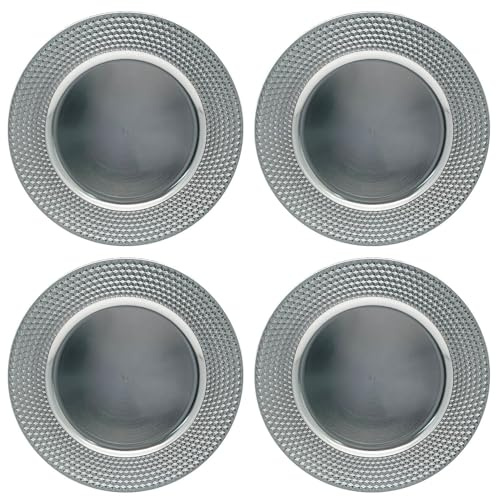 Daniel James Metallic Charger Plates - 33cm Round Reusable Dining Table Setting Plates for Christmas Party, Celebration, Weddings & Table Décor Placemat - Silver Diamond, Pack of 4
