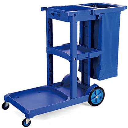Reinigungswagen, gewerblicher Hausmeisterwagen mit 3 Ablagen, Haushaltswagen aus Kunststoff, mit Tasche für das Restaurant, Hotel, Zuhause,Blau