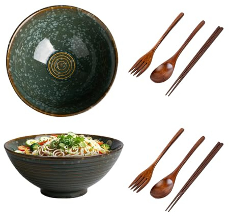 Juego de 2 cuencos para sopa con palillos, tenedor y cuchara, 1200 ml, cuenco de ensalada de cerámica para fideos udon asiáticos, cuenco grande de 20 cm (verde)