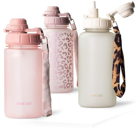 MAMEIDO Botella con pajita y marcador de tiempo 500 ml, Botellas de agua a prueba de fugas, Botella agua niños sin BPA, Botella agua gimnasio fabricada en Tritan, Water Bottle (Flamingo Pink)