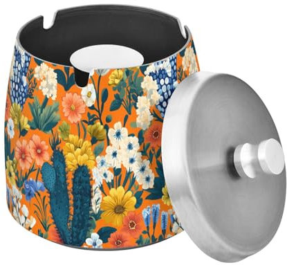 Zigarettenaschenbecher aus Edelstahl mit Deckel für Zigarrenliebhaber, Raucher, Frühlingsblumen, Kaktus, blutendes Herz, Hyazinthe, Orange, Zigarren-Aschenbecher Halter für draußen, Terrasse,