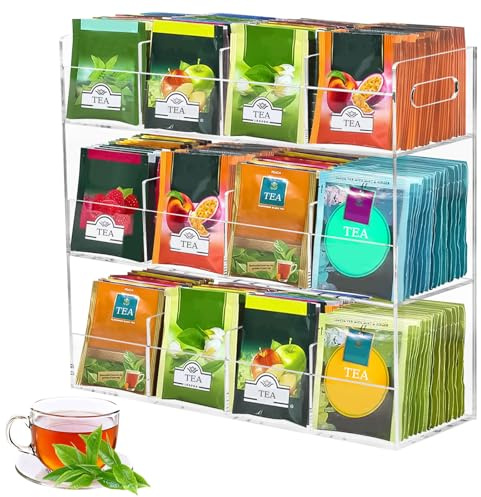 Teebeutelhalter mit 3 Ebenen, 29.6*9.8*26.4CM Teebeutel Organizer aus Acryl Teebox mit Griff für 216 Teebeutel Teeregal Hochkant mit 12 Staufächern für Losen tee, Teepackungen, Kaffee, Zucker