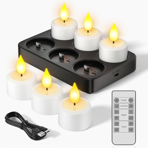 SoulBay 6pcs Rechargeable Battery LED Tea Lights Candles with Remote Control & Charging Station, Electric Flameless Tealight Candles with Timer for Home Room Party Halloween Christmas Decorations