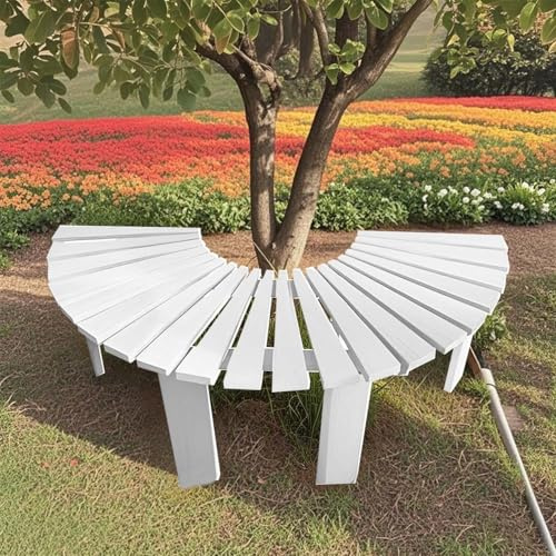 Weiße Lattenbank für Umwickeln von Baumbänken, gebogene Gartenbank aus Holz, wetterfeste Sitzgelegenheit für Gartenmöbel, Sitzbank mit Akzenten für den Innenbereich für Veranda, Garten,Rasen,Hinterhof