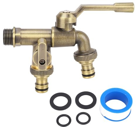 Robinet d'eau en Laiton Double Exterieur Jardin, 3/4 Pouces Robinet Double Sortie Extérieur Anti-gel, Robinet D'eau en Laiton Antique avec 2 Prises de 25 Mm Pour Jardin, Machine à Laver, Terrasse