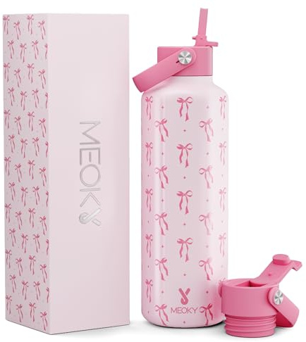 Meoky 710ml Stainless Steel Water Bottle with Straw for Girls Women, Bow | Metal Water Bottle with Straw and Flip Lid, Cold for 24 Hours, Leak Proof, Carry Loop, BPA-Free