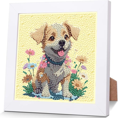 luckyarina Hund Diamond Painting Kinder Mit Rahmen - Diamont Art Bilder Dog, Tiere Diamond Painting Kinder ab 4 6 8 10 Jahreals Geschenk für Home Wand Décor (18X18 CM)