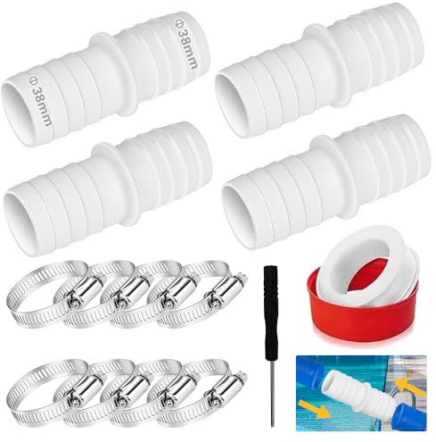 4PCS Poolschlauch Adapter 38mm,Schlauchverbinder,Schlauchadapter mit 8 Schlauchschellen 1 Schraubendreher 1 PTFE-Band
