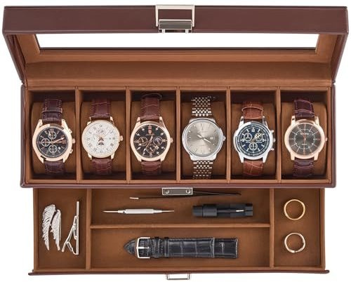 ProCase Caja para 6 Relojes, Estuche de Reloj de Doble Nivel con Tapa de Cristal, Organizador para Relojes, Anillos y Pulseras, Regalo Ideal para Navidad, Cuero Sintético -Marrón
