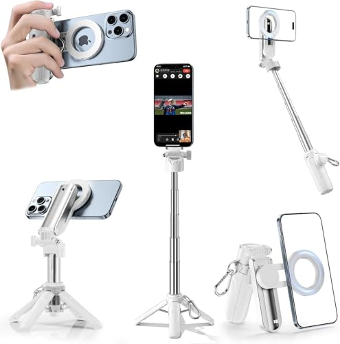 CloudValley Perche à selfie magnétique multifonction 4 en 1, mini support de téléphone portable de poche avec télécommande amovible, compatible avec MagSafe, pour iPhone/Android, Vlog de voyage