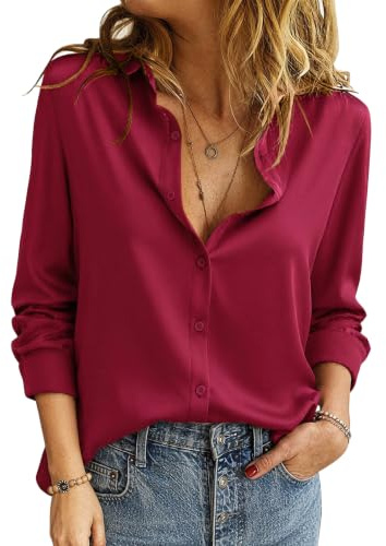PASUDA Camisas Mujer Elegantes Blusas Manga Larga Raso Camiseta Otoño Informal Botón Camisa Moda Cuello en V Túnica Tops Casual Fiesta Empresa Trabajo Blusa