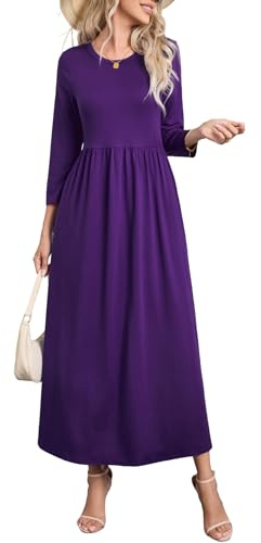 Enmain Robe Longue Manche Longue Femme Violet Automne/Hiver Elegant Couleur Unie Robe Femme Longue A Line Haute et Chic Dress avec Poches col Rond, L