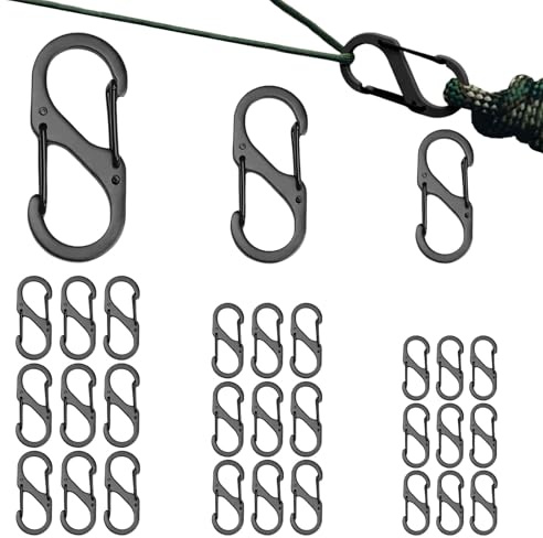 30 Stück S Karabiner, Mini Karabinerhaken mit Doppelter Federöffnung, Schlüsselanhänger für Haushalt, Wanderungen Freien, Angeln, Wandern, Camping (50mm/40mm/32mm)