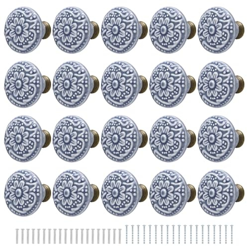 Ceramic Door Knobs - 20 Pack Floral Kitchen Cupboard Drawer Knobs with Screws Set, Vintage Round Decorative Cabinet Pulls, Retro Dresser Pulls for Wardrobes Shoe Cabinets Bedside Tables Desks, Blue