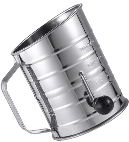 GRIRIW Stainless Steel Flour Sifter Hand Crank with Scale, Medium 1.5L Baking Powder Sieve Cup for Icing Sugar and Flour, Professional Kitchen Baking Tool for Home and Bakery Use