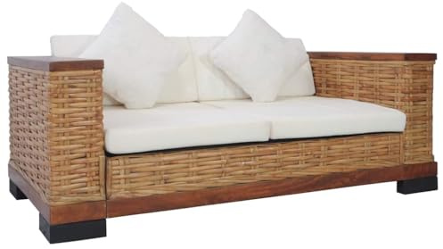 ROMHZKS Natürliches Rattan Sofa 2-Sitzer mit Holzrahmen, Waschbare Bezüge und Dicke Polster für Wohnzimmer, Gartenmöbel und Terrassenausstattung, Graue Farbe, Strapazierfähig