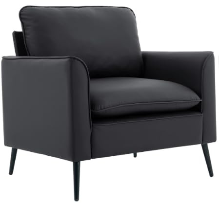 kozamas Sittstol och öronfåtölj av konstläder med huvud- och ländryggskudde – nordisk retro loungefåtölj, ergonomisk, som enkelsits för vardagsrum, balkong, sovrum, svart