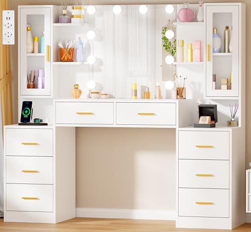ANWBROAD Große Schminktisch mit Spiegel und LED-Beleuchtung Steckdose | Schminktisch mit 8 Schubladen 6 Offene Regale Moderne Weiß Frisiertisch für Schlafzimmer BDT97W