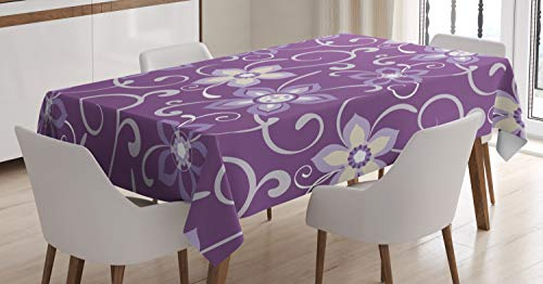 ABAKUHAUS Aubergine Tischdecke, Flieder mit Blättern, Personalisierter Druck mit Klaren Farben Waschbar Wasserfest kein Verblassen, 140 x 170 cm, Lila Weiß