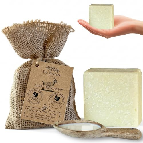 Dr.Ancient Jabón de Leche de Cabra, Orgánico, Natural, Tradicional, Hecho a Mano, Antiguo - Antienvejecimiento, Aclarador de la Piel, Hidratante - Sin Productos Químicos 140 g (Paquete de 1)