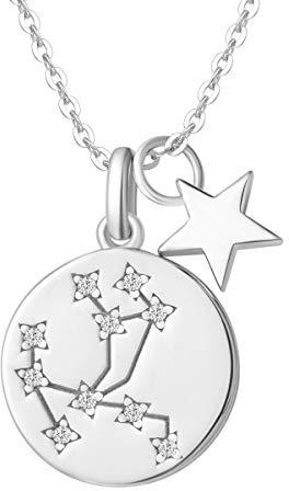 Sternzeichen Kette aus Solide 925 Sterling Silber mit Weiß Vergoldet 15mm Durchmesser Anhänger Halskette Einfach Minimalistisch Geschenk Schmuck für Damen Mädchen - Verstellbar Kettenlänge: 40 + 5 cm