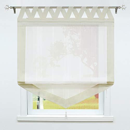 SCHOAL Raffrollo mit Schlaufen Gardinen Küche Landhaus Raffgardinen Leinen Schlaufenrollo Halbtransparent Vorhang 1 Stück BxH 140x140cm Beige