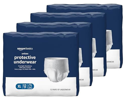 Amazon Basics Unisex Protective Underwear, Overnight Absorbency with Odor Protection, Soft, Extra Large, 48 Count (4 Packs of 12)