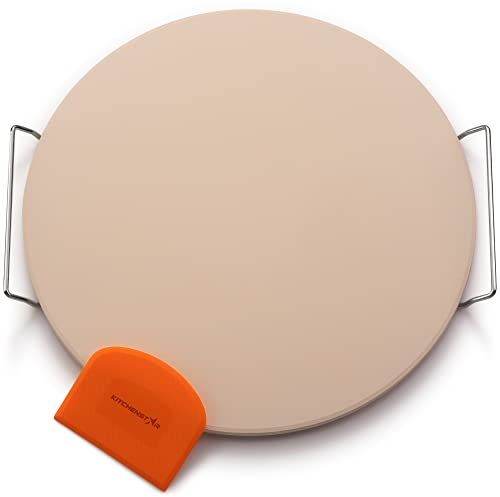 16-inch Pizza Stone for Oven and BBQ Grill with Handles, Round, 5/8 Thick - Natural Cordierite, 1800 °F Resistant, Baking Stone Set with Stainless Steel Rack & Plastic Scraper Tool
