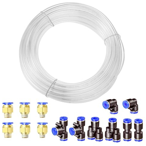 HUAZIZ 10 Mètre Transparent Pneumatique Tuyau,PU Tuyau air, ID*OD 10mm x 6.5mm PU Tuyau,avec 14 Connecteur Pneumatique