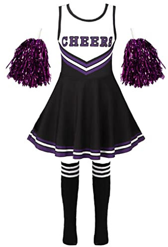 Doomiva Mädchen Cheerleading Kostüm Mit Pompoms Und Socken Halloween Karneval Faschingskostüm Cheer Leader Tanzkleid Schwarz mit Pompons und Socken 122-128