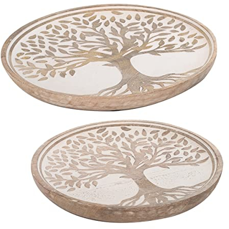 Set 2 Plateaux Arbre de vie en bois de manguier, Marron et Balnc, 2 x 25 x 25 cm (Grande)