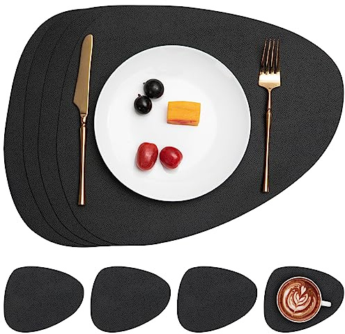 Myir JUN Tovagliette in Pelle e Sottobicchieri Tovagliette Americane | Set di 4 Tovagliette Americane lavabili Tovagliette Colazione Plastica Bifacciale Non-scivolose Impermeabile Triangolari