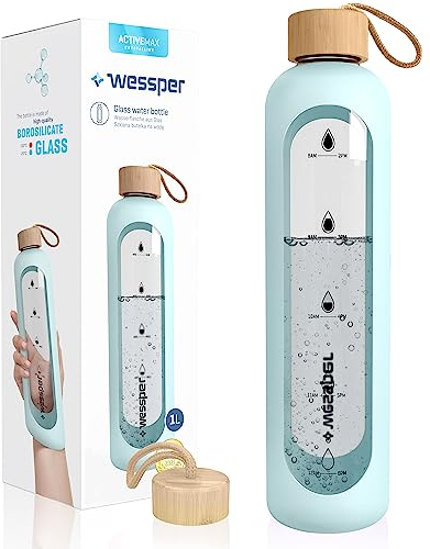 Wessper Borraccia 1 litro, bottiglia motivazionale con scala di idratazione, borraccia in vetro borosilicato con custodia in silicone, materiale sicuro senza BPA - Azzurro