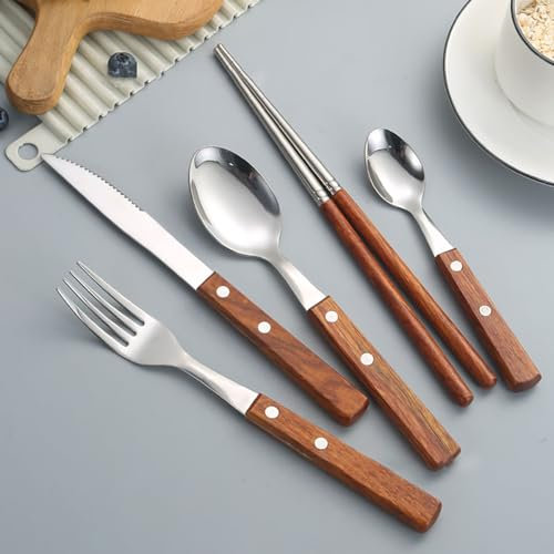 ESSONIO Besteckset Besteck Set 12 Personen 60-stück Besteck Holzgriff Cutlery Set aus Hochwertigem Edelstahl 18/8 Spiegelpoliertes Spülmaschinenfest Elegantes Tafelbesteck für Home Hochzeitsbankett