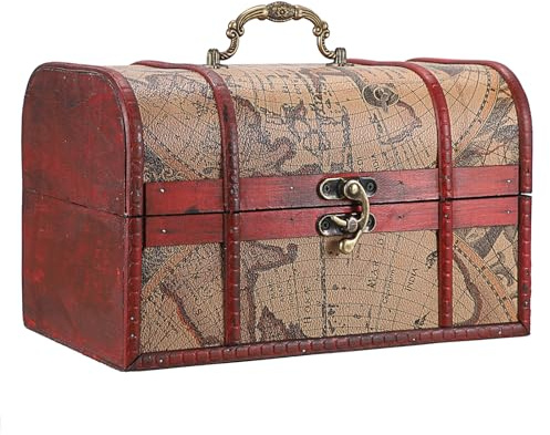 ELLDOO Vintage Treasure Chest Box, Pirate Keepsakes Box for Kids Gifts, Wooden Treasure Storage Box Map Pattern Decorative Box for Jewelry Pearl Trinkets, Large