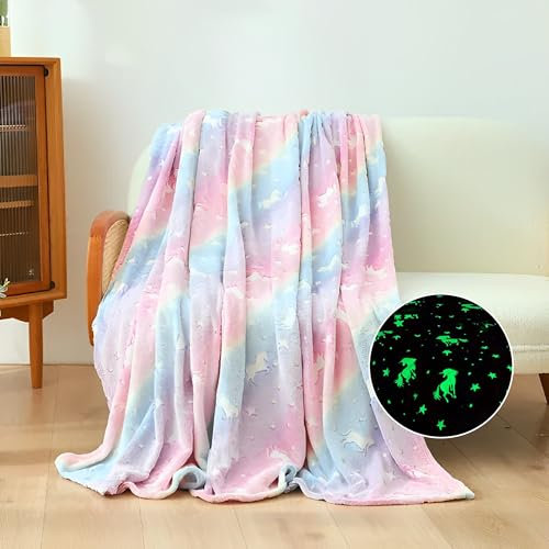 LAT Coperta luminosa per bambini, coperta luminosa al buio, idea regalo per ragazzi e bambini, coperta in pile (unicorno)